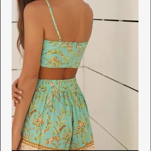 Boho Bohemian Tropical Floral Print Cami Top Kimono CoverUp Shorts Set Green - Picture 4 of 6